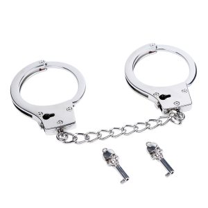 a silver stainless steel handcuffs with key