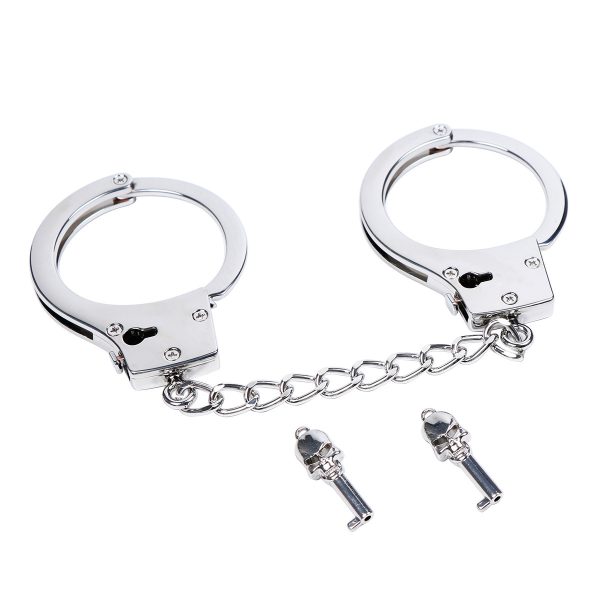 a silver stainless steel handcuffs with key