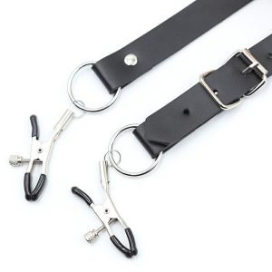 Double black nipple and clitoral clamps with leather