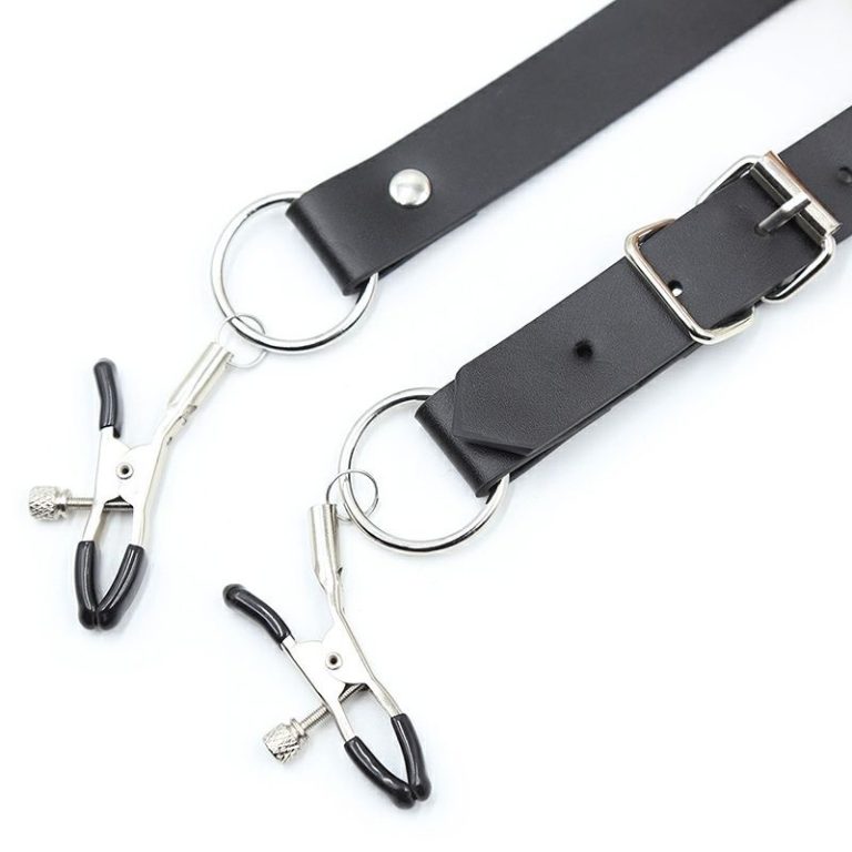 Double black nipple and clitoral clamps with leather
